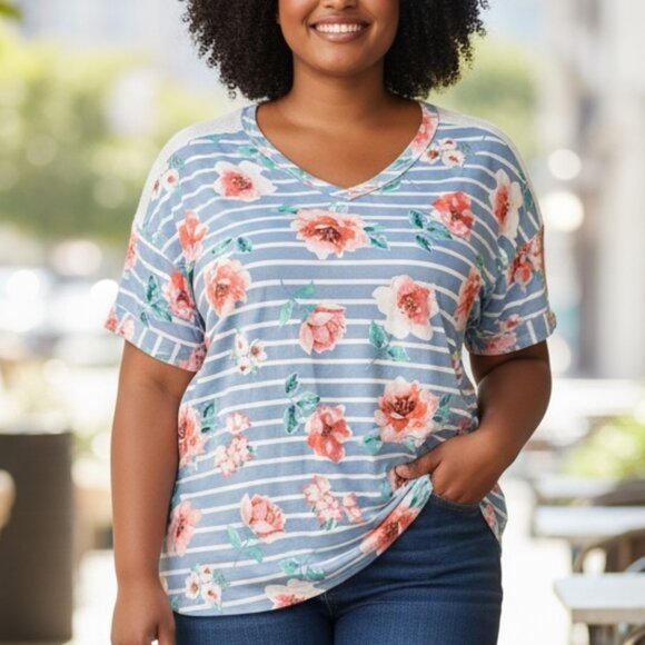 591 XXXLSTRIPED FLORAL TOP BY HONEYME CURVY - Picture 1 of 1